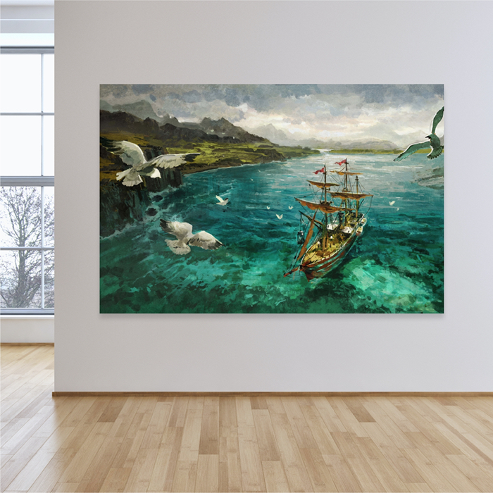 Vitorlás Hajó Festmény Tenger Madarak Kikötő Poszter