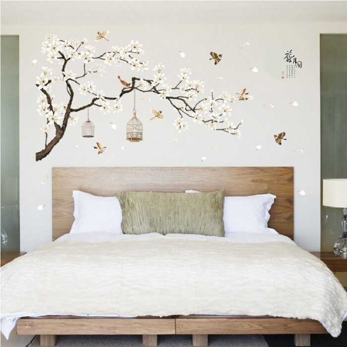Nagyméretű falmatrica hálószobába, nappaliba, fa és madarak, 187x128 cm