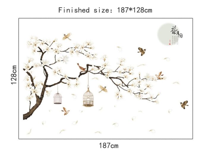 Nagyméretű falmatrica hálószobába, nappaliba, fa és madarak, 187x128 cm