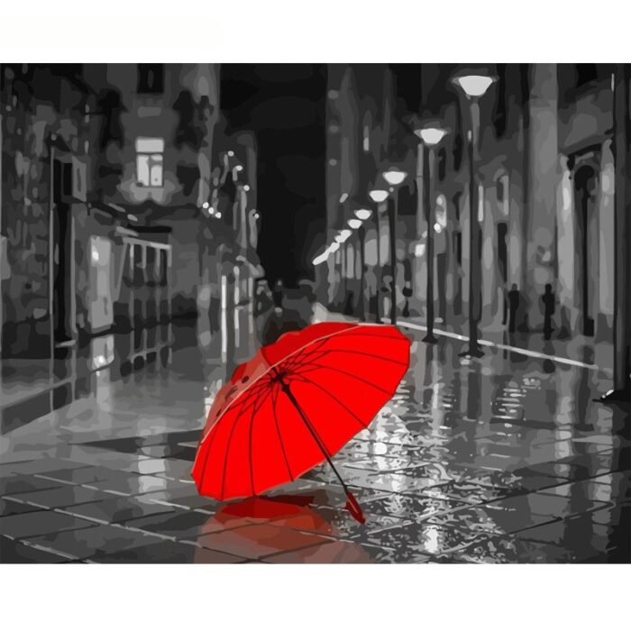 Vörös Esernyő Kifestős, Számozott Színezős Vászonkép Falra, Ecset és Festékek